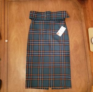 Zara green plaid pencil skirt with belt size xs